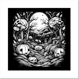 White Night of Pumpkins In The Patch Of Remote Forest Hut Posters and Art